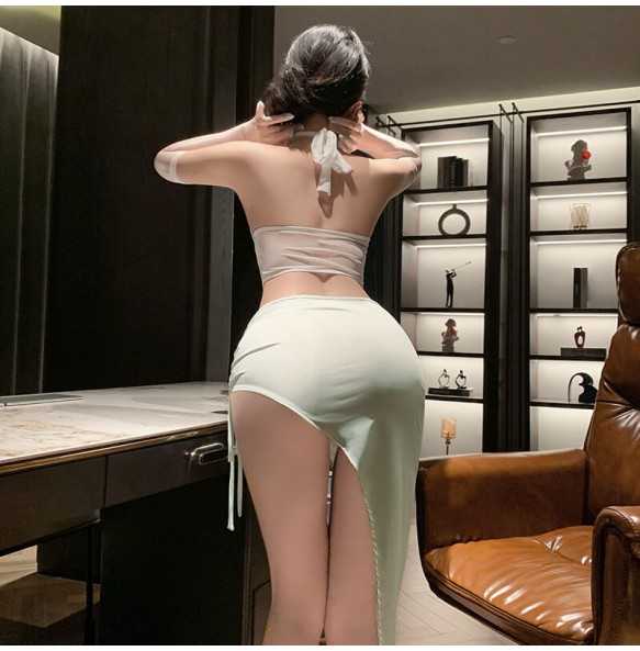 FEE ET MOI - Chic Drawstring Open-Back Hip-Baring Set (White - Green)